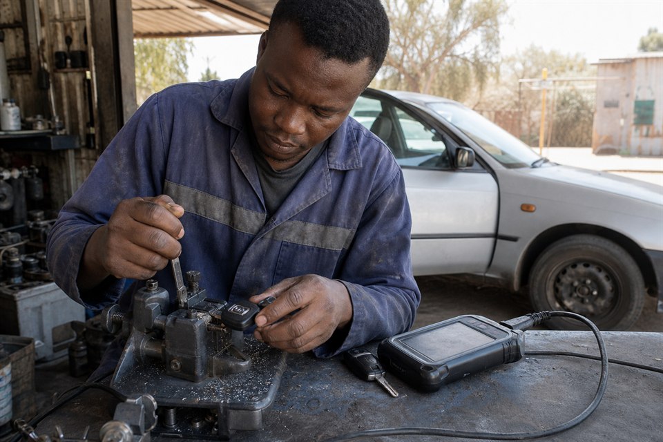 Technician cutting and programming a vehicle key