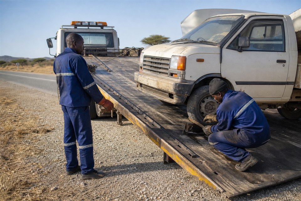 Technicians securing a vehicle on a roadside tow truck